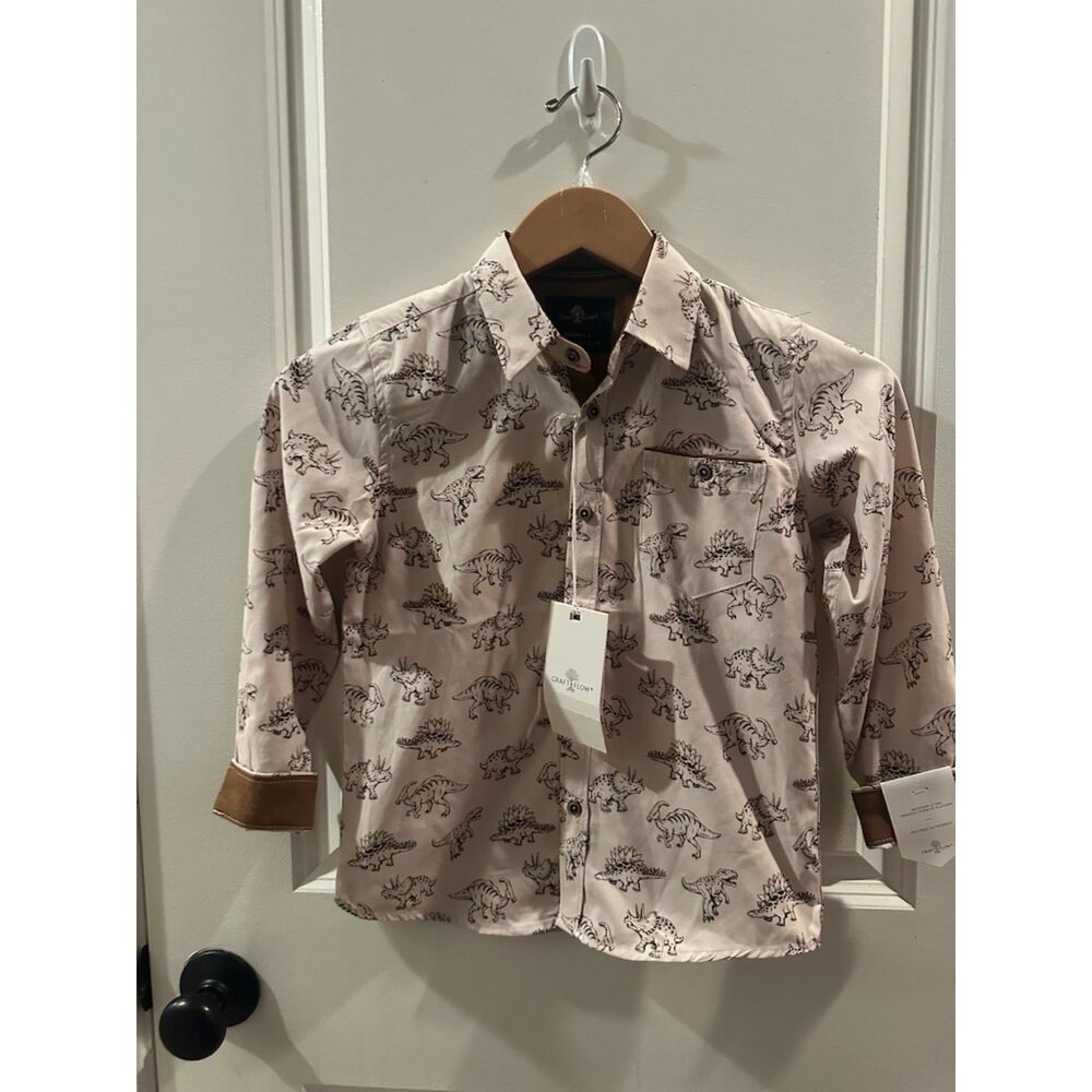 NWT Craft + Flow Dinosaur Print Button Down Long Sleeve Boy Shirt Size 6
